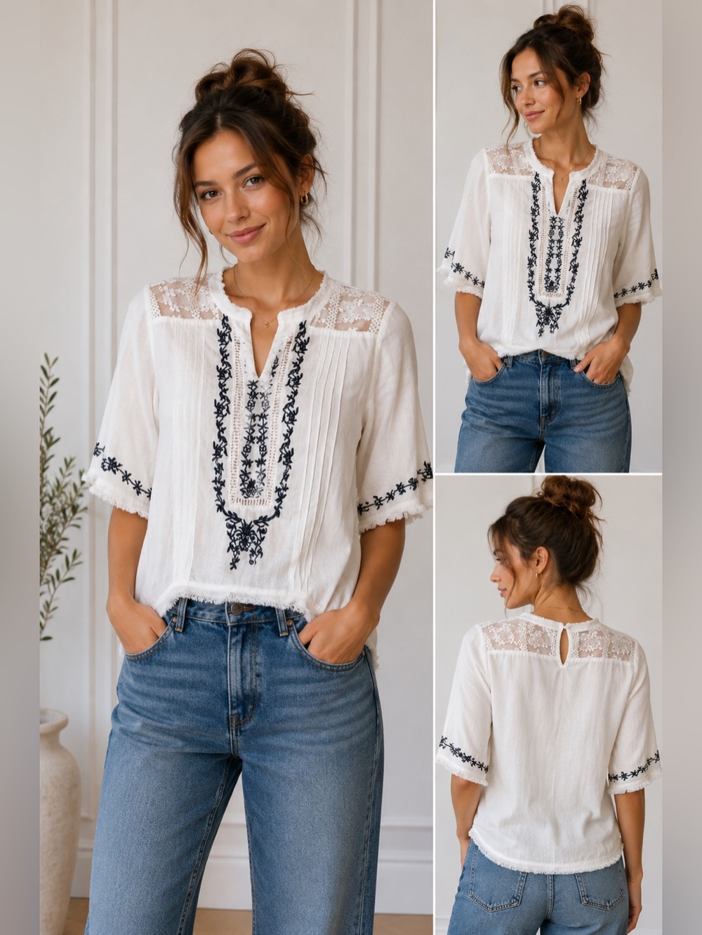 Kimchi Blue Embroidered Boho Blouse XS White Lace Yoke Peasant Top